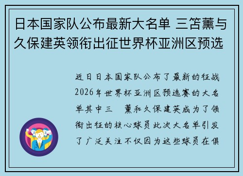 日本国家队公布最新大名单 三笘薰与久保建英领衔出征世界杯亚洲区预选赛